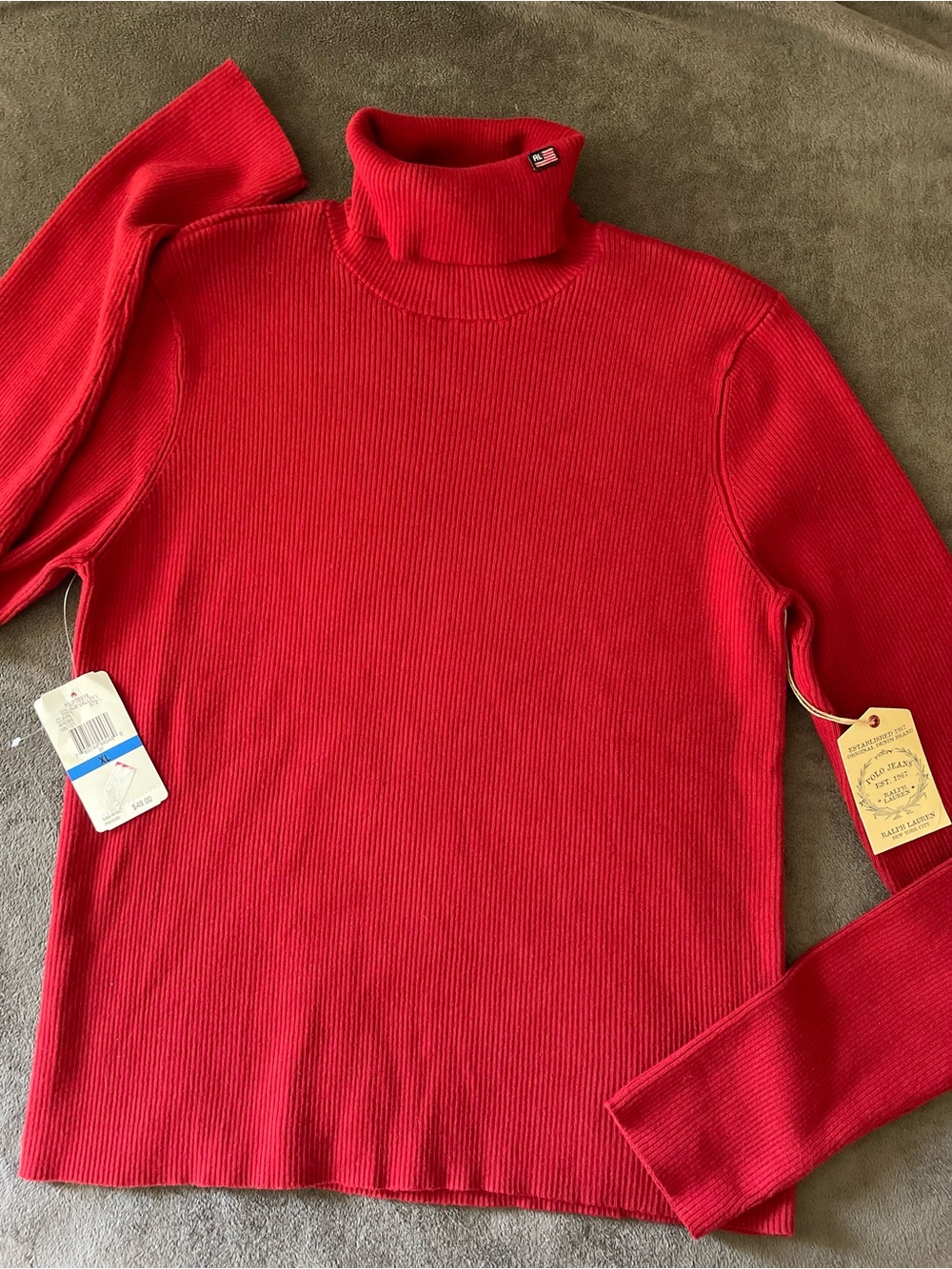 Polo Jeans Vintage Y2K Red Ribbed Cotton Blend Turtleneck Sweater NWT Size XL